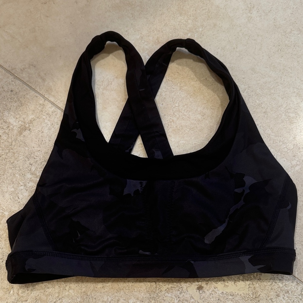 Lululemon Run Your Stuff Sports Bra in Blue/Grey camo, size 10